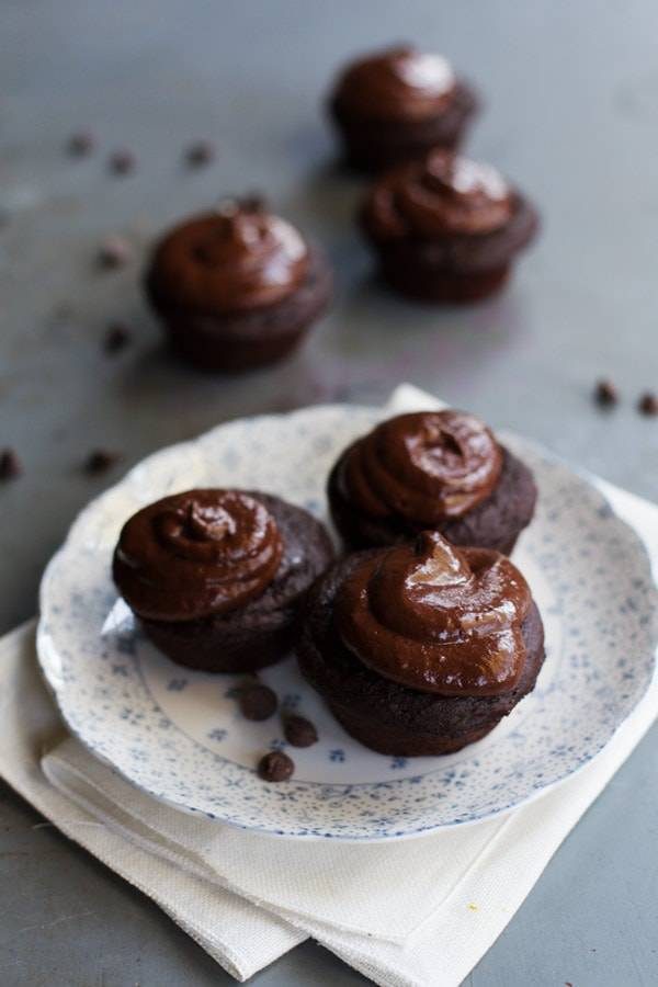 Chocolate muffins with banana frosting.