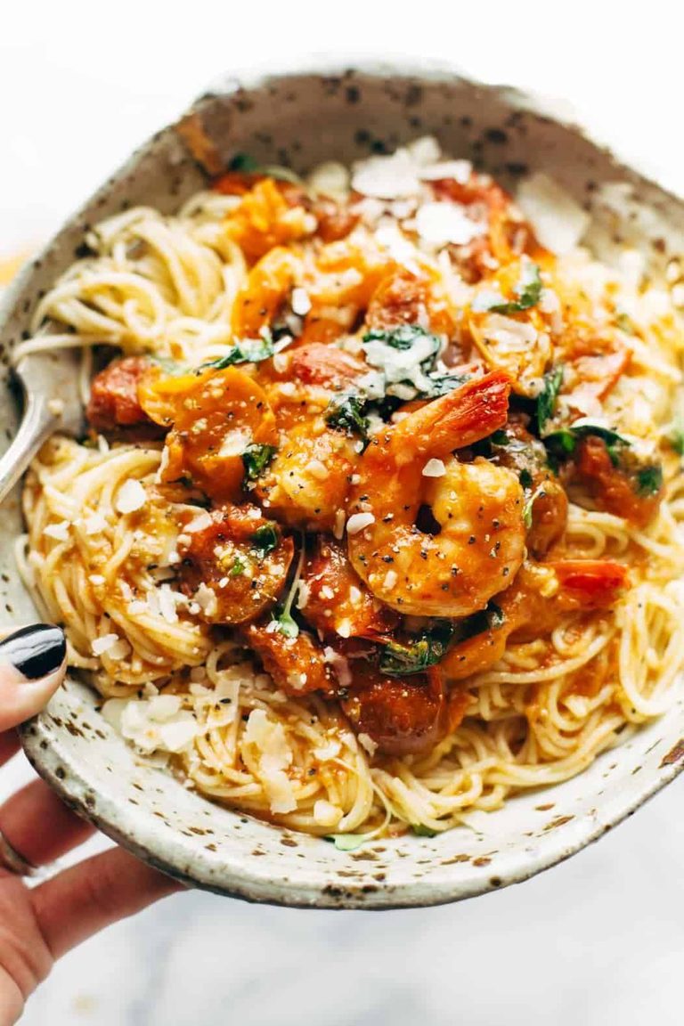 Garlic Butter Capellini Pomodoro with Shrimp in bowl.