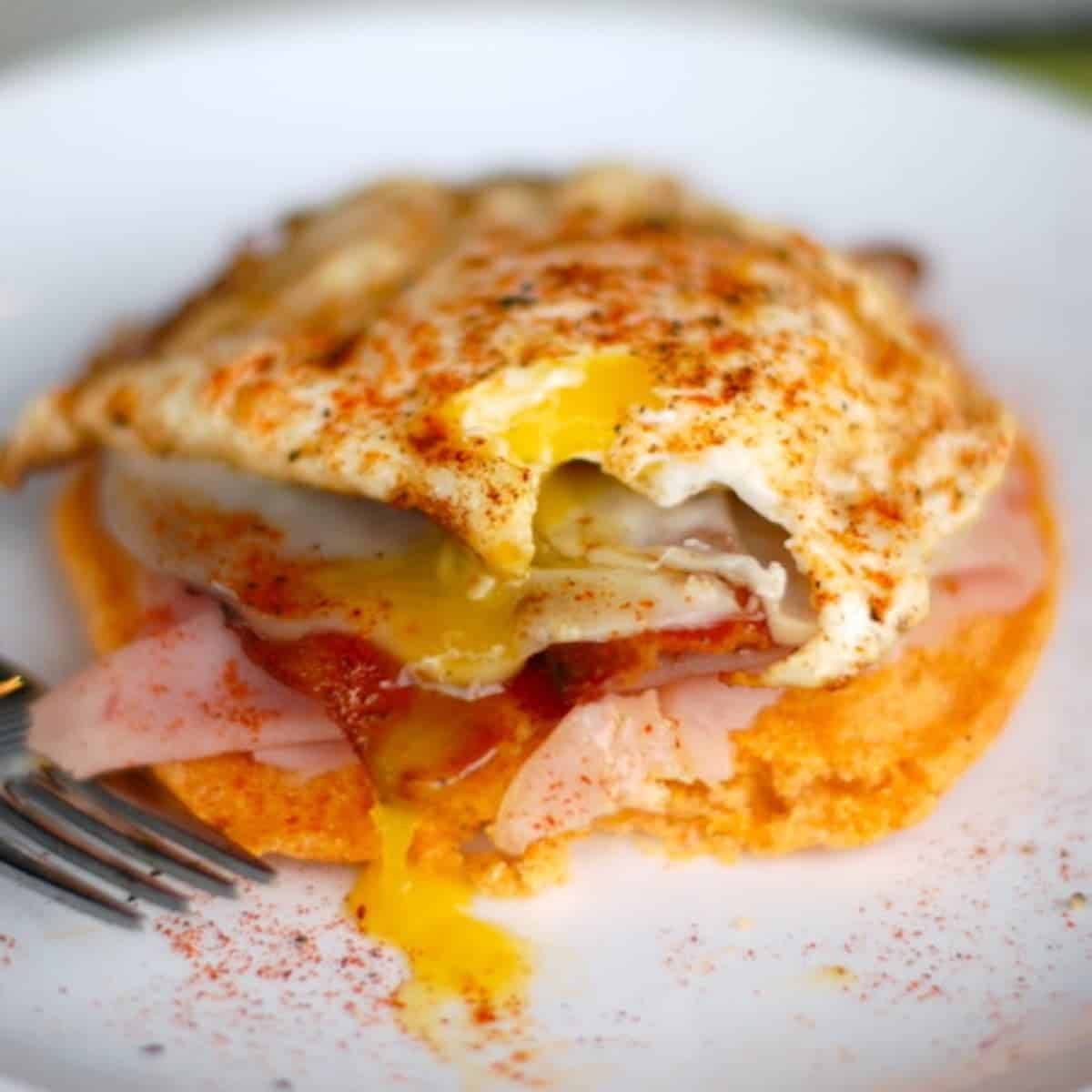 Spicy corn cake breakfast stack.